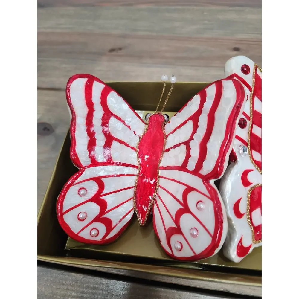MacKenzie Childs Pink & Red Rosy Check Butterfly Wall Hanging Decoration Set